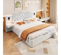 Sapgaks Lit sommier 180×200cm, tête de lit intégrée avec Interface USB, Deux Lampes de Chevet, Rangement à relevage hydraulique, Tissu Lin, Beige (Matelas Non Inclus)