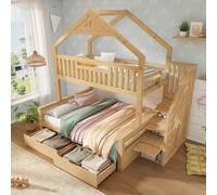 Sapgaks Lit superposé 90x200/140x200 avec 2 tiroirs,escalier de Rangement,lit cabane Enfants,Cadre de lit Enfant en Bois,chêne