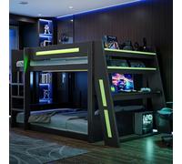 Sapgaks Lit superposé avec Port USB et lumière LED 140x200 cm,Lit Mezzanine Gaming, avec Bureau et 2 Compartiments de Rangement, Lit superposé en Bois, Noir et Vert (Matelas Non Inclus)