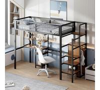 Sapgaks Lit Superposé Enfant 90x200 avec Échelle, Cabane Rangement, Mezzanine 2 Places, Barrière, Bureau et Armoire en Fer Noir