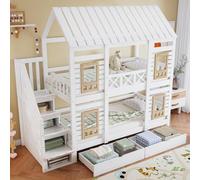 Sapgaks Lit superposé Enfant 90x200 cm,lit cabane Enfants 90x200 cm,lit Mezzanine 2 Places avec Grille antichute,Deux tiroirs à roulettes,escalier avec 4 Compartiments de Rangement,Blanc