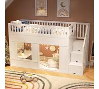 Sapgaks Lit Superposé Enfant en Bois 90x200 avec Escalier de Rangement, Lit Mezzanine avec Espace de Convertible en Dessous, Lit Enfant avec Barriere, Blanc