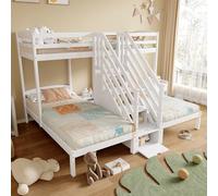 Sapgaks Lit superposé Triple 90x200 cm avec échelle de Rangement et tiroir,lit cabane Enfants 90x200 en pin,Cadre de lit superposé Enfant avec Garde-Corps et sommier à Lattes,sans Matelas,Blanc