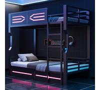 Sapgaks Lit superposés avec éclairage LED 90 x 200 cm,Lit Mezzanine Double avec Garde-Corps,Lits superposés en Fer forgé avec échelle, Noir (Matelas Non Inclus)