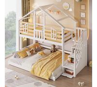 Sapgaks Lits superposés 90x200cm + 140x200cm avec échelle de Rangement,lit cabane Enfants,fenêtres,Cadre de lit Enfant,Blanc+Naturel (E-Blanc 90+140)