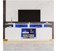Sapgaks Meuble TV avec éclairage LED 16 Couleurs,Meuble TV Blanc Moderne 140 * 35 * 61cm,pour TV 60 Pouces, Panneaux de Porte Brillants avec Compartiments en Verre (D-Blanc)
