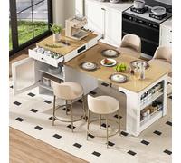 Sapgaks Table à Manger Extensible avec USB et Plateau Amovible, Desserte Îlot de Cuisine sur roulettes, Table de Bar avec Multiprises et Rangement, Buffet pour la Cuisine et la Salle à Manger, Blanc