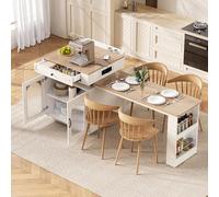 Sapgaks Table à Manger Extensible LED,Îlot de Cuisine sur roulettes,Table de Bar avec multiprises,de Buffet ou de Table de Bar pour la Cuisine et la Salle à Manger (Blanc + MDF + Verre)