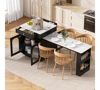 Sapgaks Table à Manger Extensible LED,Îlot de Cuisine sur roulettes,Table de Bar avec multiprises,de Buffet ou de Table de Bar pour la Cuisine et la Salle à Manger (Noir + MDF + Verre)