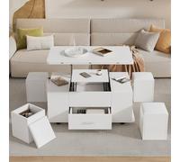 Sapgaks Table Basse réglable en Hauteur, Table de canapé Mobile, Table Basse multifonctionnelle 4 en 1 Transformable en Table de Salon,avec tiroirs, avec 4 tabourets, Blanc