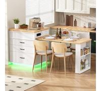 Sapgaks Table de Bar,Îlot de Cuisine sur roulettes,Table à Manger Extensible avec éclairage LED, Table de Cuisine avec multiprises, Sert d'îlot de Cuisine, de Buffet ou de Table de Bar (Blanc-2)