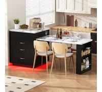Sapgaks Table de Bar,Îlot de Cuisine sur roulettes,Table à Manger Extensible avec éclairage LED, Table de Cuisine avec multiprises, Sert d'îlot de Cuisine, de Buffet ou de Table de Bar (Noir-2)