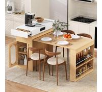Sapgaks Table de Bar,Îlot de Cuisine sur roulettes,Table à Manger Extensible avec Plateau Rabattable,avec multiprises et Crochets,Sert d'îlot de Cuisine,de Buffet ou de Table de Bar (Naturel-1)