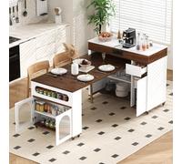 Sapgaks Table de Bar, îlot de Cuisine sur roulettes, Table à Manger Extensible avec Prise électrique et Plateau en Verre, Buffet pouvant Servir d'îlot de Cuisine ou de Buffet. (Blanc + Noyer + MDF)