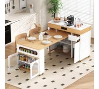 Sapgaks Table de Bar, îlot de Cuisine sur roulettes, Table à Manger Extensible avec Prise électrique et Plateau en Verre, Buffet pouvant Servir d'îlot de Cuisine ou de Buffet. (Blanc + Naturel + MDF)
