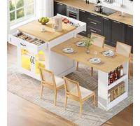 Sapgaks Table de Bar,Table à Manger escamotable,îlot de Cuisine Extensible avec éclairage LED,avec 2 tiroirs et étagères réglables,Buffet avec Porte en Verre cannelé (White + MDF)