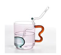 SAPIIKEF Tasses en Verre colorées, Design coloré, Tasse en Verre ondulée, Faite à la Main, for Boissons au Lait, au café, au jus(Pink Cup and Spoon)