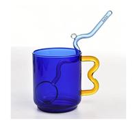 SAPIIKEF Tasses en Verre colorées, Design coloré, Tasse en Verre ondulée, Faite à la Main, for Boissons au Lait, au café, au jus(Blue Cup and Spoon)