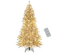 Sapin de Noël Artificiel Enneigé 210 cm COSTWAY--Télécommande et Minuteur-65 Boules Lumineuses-350 LED Blanc Chaud-905 Branches