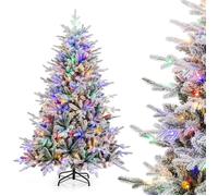 Sapin de Noël Artificiel Floqué et Articulé Ø120 x 186H cm COSTWAY-260 Lumières LED Multicolores avec 8 Modes-Branches en PVC et PE