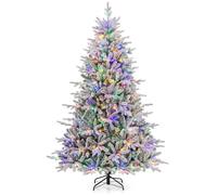 Sapin de Noël Artificiel Floqué et Articulé Ø135 x 218H cm COSTWAY-350 Lumières LED Multicolores avec 8 Modes-Branches en PVC et PE