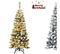 Sapin de Noël Artificiel LED 135CM COSTWAY-150 Lumières Blanc Chaud-Aiguilles PVC Floqué de Neige-Support Métallique-à Charnières