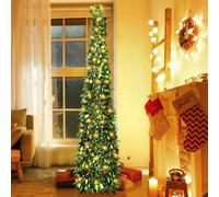 Sapin de Noël Artificiel métallique Pailleté de 150 cm,avec chaîne Lumineuse de 5 m de Long avec lumière Chaude avec Une Base à Quatre Coins,Décoration de Noël Style Fruits Rouges (E)