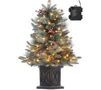 Sapin de Noël artificiel pré-éclairé de 90CM avec base en pot vintage, neige floquée, 78 lumières LED blanc chaud, baies rouges