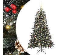 Sapin de Noël artificiel vert 150 cm avec lumières LED blanc chaud, noix de pin, baies rouges, couvre-neige, pour intérieur et extérieur, PVC et acier, montage facile