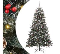 Sapin de Noël artificiel vert 150 cm en acier PVC avec lumières LED blanc chaud, noix de pin, baies rouges, pour intérieur et extérieur, montage facile