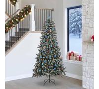 Sapin de Noël artificiel vert 240 cm, diamètre 129,5 cm, avec bandes LED, noix de pin, baies, boules, alimentation USB, pour intérieur et extérieur
