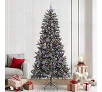 Sapin de Noël artificiel vert 240 cm, diamètre 129,5 cm, avec bandes LED, noix de pin, baies rouges, 120 boules, PVC et acier, pour intérieur et extérieur