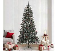 Sapin de Noël artificiel vert, hauteur 240 cm, diamètre 129,5 cm, avec lumières LED blanc chaud, noix de pin et baies, pour intérieur et extérieur