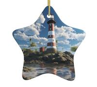 Sapin de Noël en céramique à suspendre avec pendentif en forme d'étoile WHJSSF Phare Toile de fond Motif exquis 7,9 x 7,9 cm