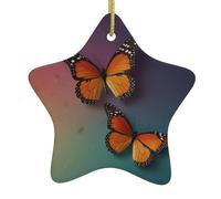 Sapin de Noël en céramique à suspendre en forme d'étoile - Décorations de vacances - WHJDPP - Fond dégradé - Image du monde papillon - Petit et exquis