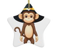 Sapin de Noël en céramique à suspendre en forme d'étoile WINHGA Petit singe portant un grand chapeau Motif facile à accrocher pour fête de vacances 7,9 x 7,9 cm