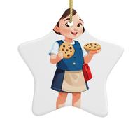 Sapin de Noël en céramique à suspendre en forme d'étoile YYHWHJDE Petite fille mangeant des biscuits avec cordon métallique perforé et doré