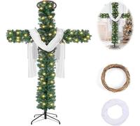Sapin de Noël en forme de croix de 1,8 m avec lumière, sapin de Noël artificiel pliable pré-éclairé avec lumières LED, couronne de Christ en rotin et écharpe en soie rouge, arbre en croix religieux