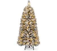 CostwaySapin de Noël Floqué de 150 cm Arbre de Noël avec Aiguilles de Pin 378 Pointes de Branches 130 Lumières LED Blanc Chaud Section Pliable