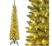 Sapin de Noël LED Artificiel COSTWAY 150cm-150 Lumières Blanc Chaud-Forme de Crayon Mince-296 Branches PVC-Support en Métal Pliable