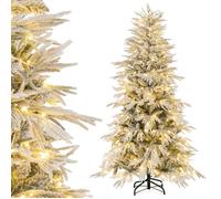 Sapin de Noël LED Enneigé 180CM COSTWAY-Pré-Éclairé 250 Lumières Blanc Chaud-594 Pointes de Branches PE/PVC-Support Métal-2 Gants