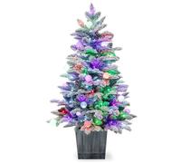 Sapin de Noël LED Pré-éclairé 100cm COSTWAY-80 Lumières Lumineux Colorées-en Pot Floqué de Neige-148 Pointes en PVC/PE