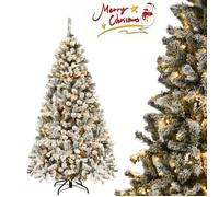 Sapin de Noël Lumineux LED 180CM COSTWAY-250 Lumières Blanc Chaud-600 Branches Floqué Neige PVC-Socle en Métal-Décoration de Noël