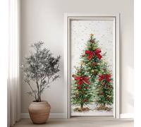 Sapin de Noël Pin Effet 3D Sticker Porte, Nœud Rouge Papier Autocollant Porte Mural Décoration, Étoile Doré Stickers Muraux Amovible PVC 77x200 cm