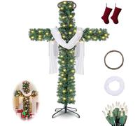 Sapin de Noël pliable en forme de croix de 1,8 m, croix de sapin de Noël pliable en pin artificiel pré-éclairé, arbres de Noël scintillants en extérieur, avec lumière LED et écharpe en soie, anneau en