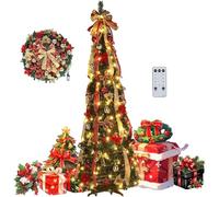 Sapin De Noël Pliable Et Lumineux De 1,80 M, Prêt à l'emploi, Entièrement Décoré Et Pré-éclairé, Facile à Installer., Red, 6ft