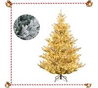 Sapin de Noël Pré-Éclairé Articulé 210cm COSTWAY-LED Blanc Chaud,13 Modes,Luminosité Réglable-Branches Floqué-Minuterie-Paire Gants