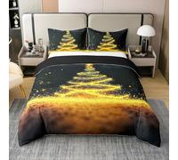 Sapin de Noël Scintillant Coton Housse de Couette 220x240,Décor de Chambre de Noël Parure de Lit,Ciel Galactique pour Enfants Chambre Adulte Literie Set,Étoiles Brillantes en Or Noir Couvre Lit