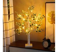 Sapin Lumineux de Table en Bouleau Blanc Feuilles Vertes artificielles et 24 LED Blanc Chaud cheminée, Chambre à Coucher, Maison, fête, Mariage, décoration de Noël, Mini bonsaï Lampe de