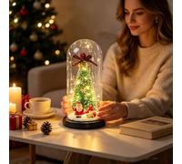 Sapin Miniature sous Cloche en Verre LED avec Père Noël 11x21,5cm | Décoration de Table, Usage Intérieur, Lumières LED, Décoration de Noël